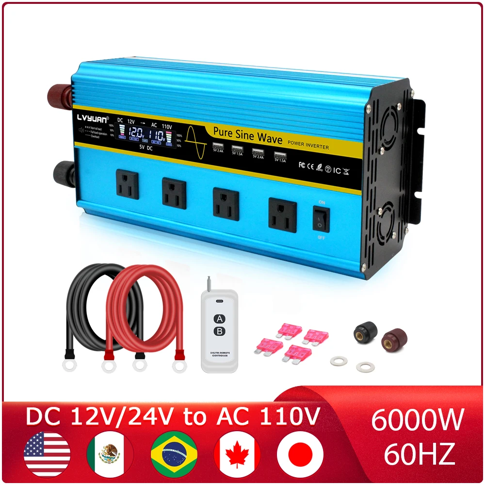 DC 12V 24V to AC 110V Voltage Converter Power Inverter 6000W Pure Sine Wave Inverter Solar Car Transformer