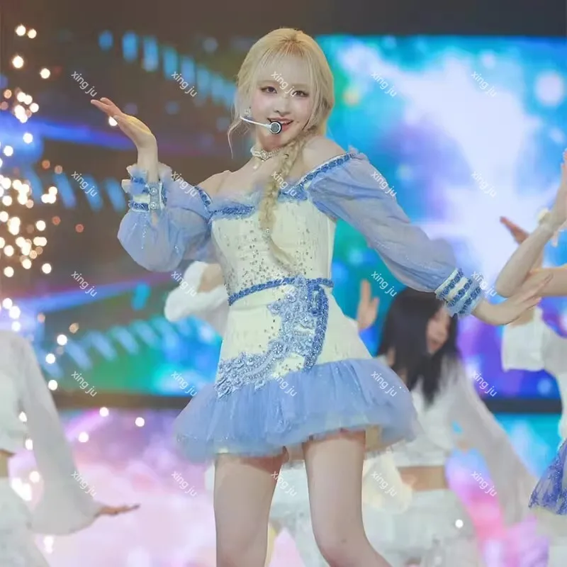 新しい韓国歌手コンサートコスプレ衣装フェスティバルストラップレスレース長袖ドレス女性 Kpop イブニングパーティーエレガントなドレス
