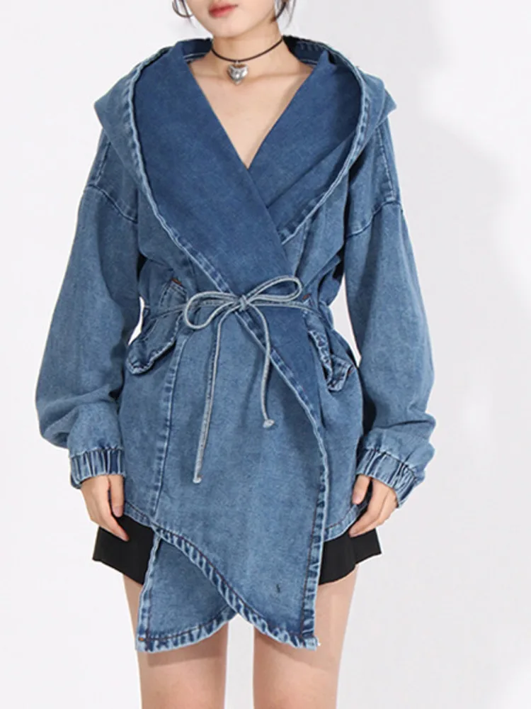 XIWEN Style 2024 Spring New V-neck With A Small And Unique Design Sense Lace Up Irregular Denim Coat For Women's XF1450