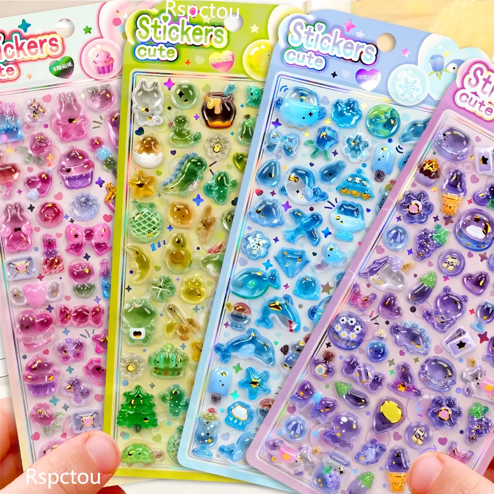 4pcs Kawaii Fruits Animal Cartoon 3D Bubble Stickers Aesthetic Cartoon Crystal Relief Decoration Decals Reward Sticker Toys Gift