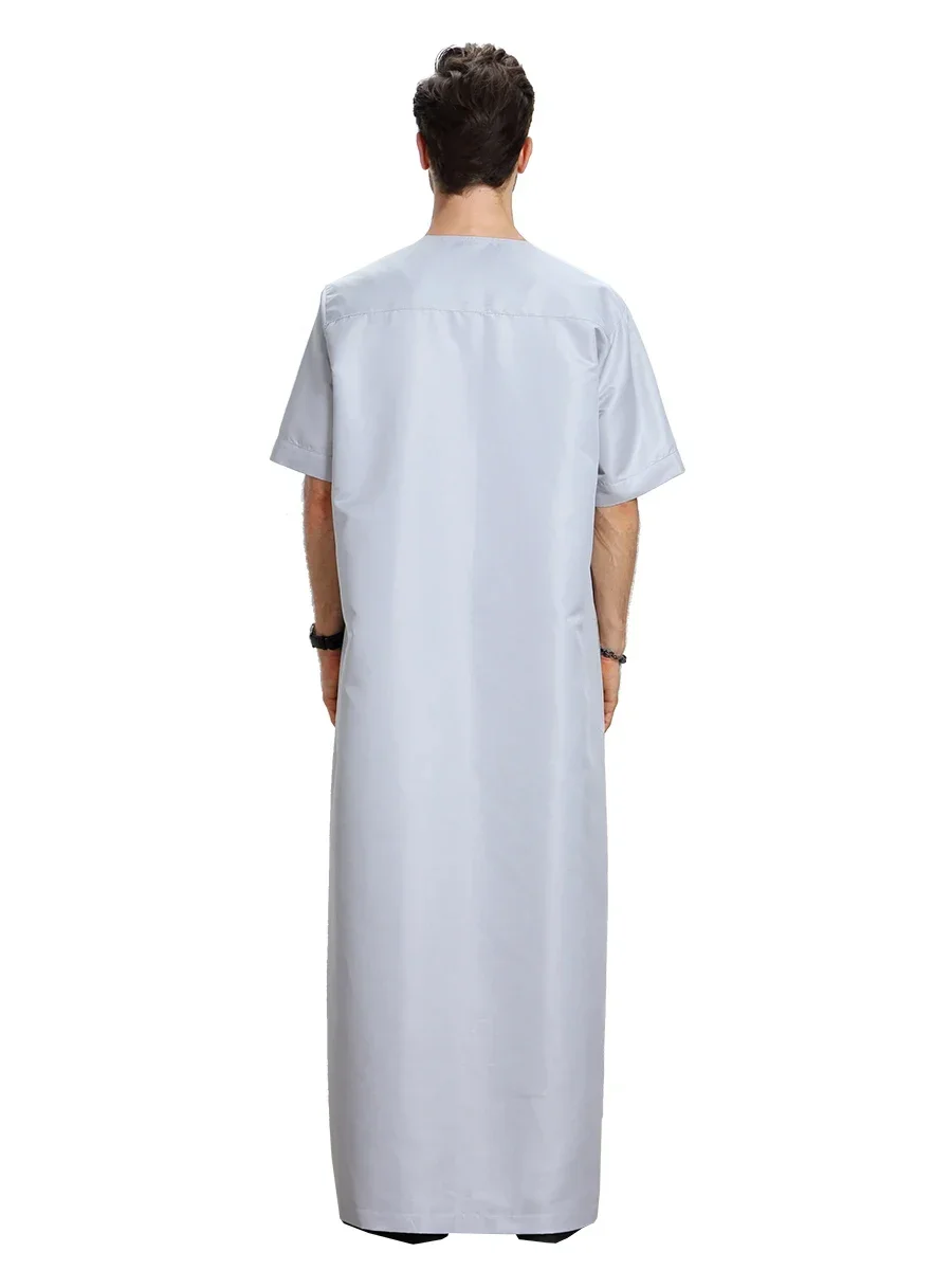 Solide muslimische Jubba Thobe Herren Ramadan lange Robe Kaftan O-Ausschnitt Kurzarm Kleid Saudi Eid Abaya Dubai Arabischer Kaftan Naher Osten