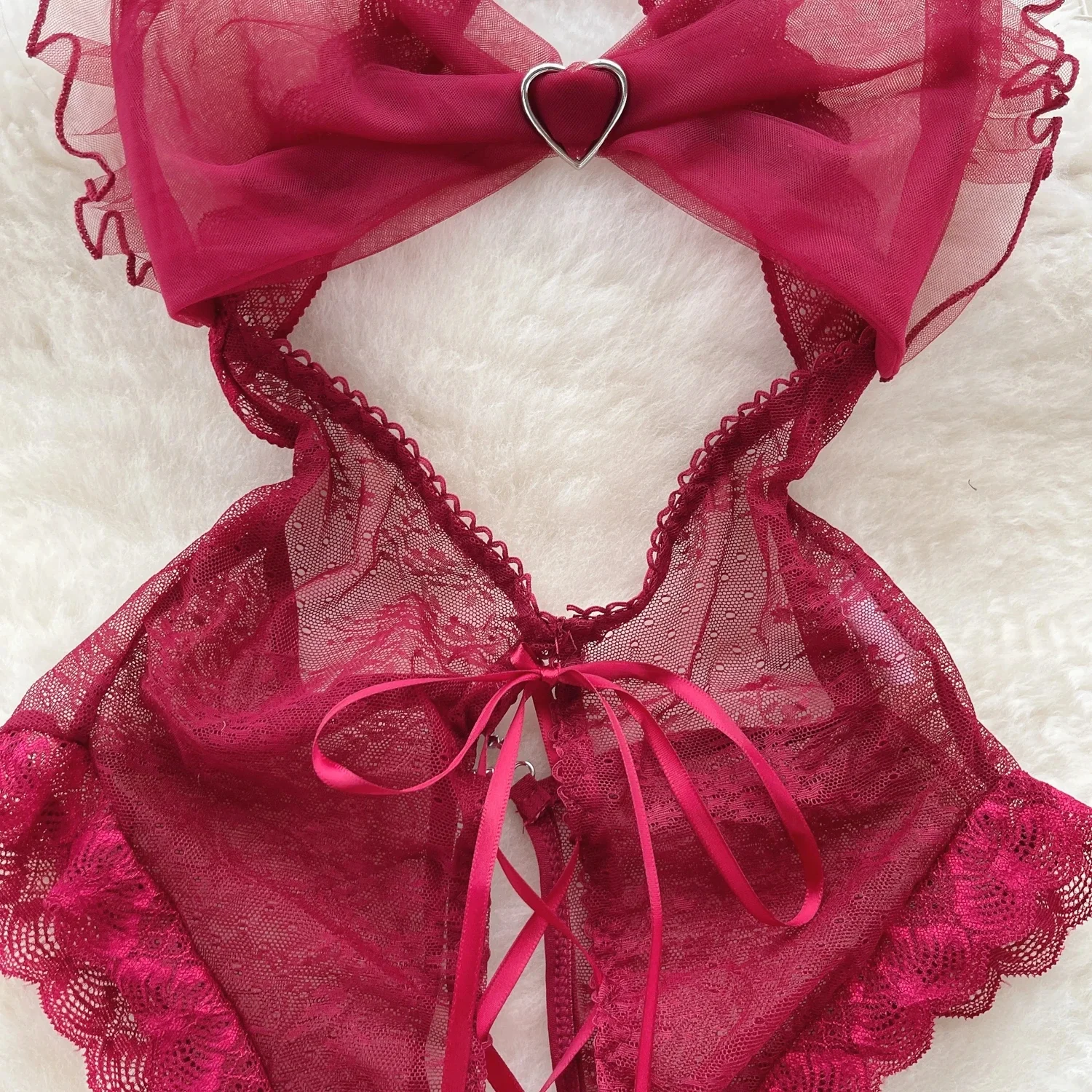 Bodysuits finos eróticos feminino cinta babados doce arco malha sexy nightwear oco para fora pijamas transparentes sheer playsuit macacão