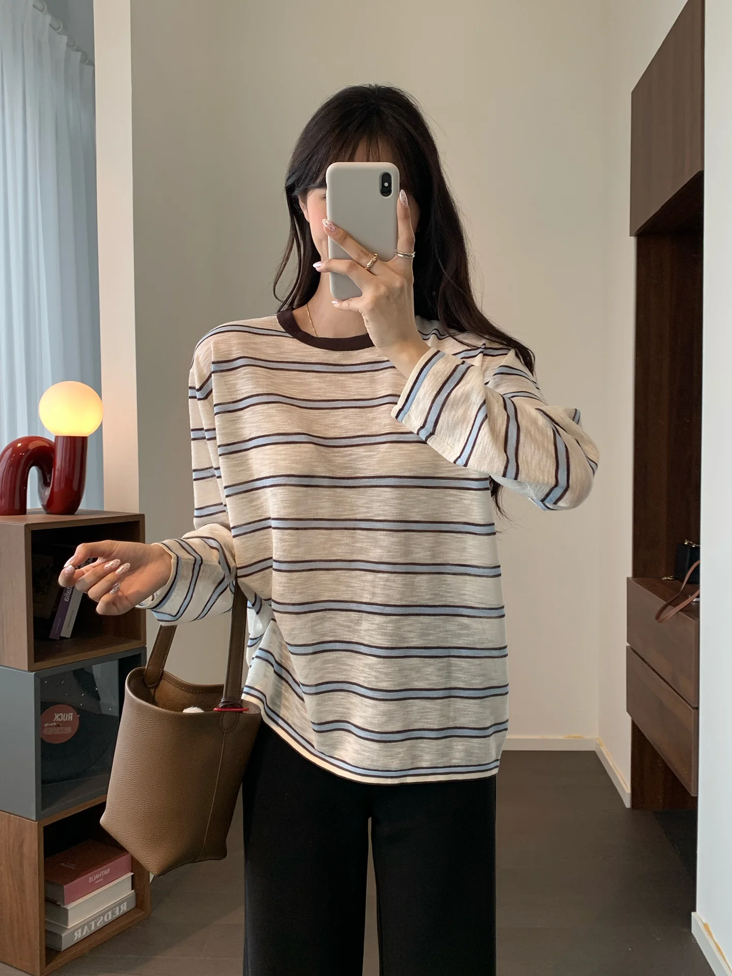 

Retro Anti-Aging Striped Knitwear Casual Loose Fit Long Sve Breathable Wide Color Blo T Top for Women Spring Season