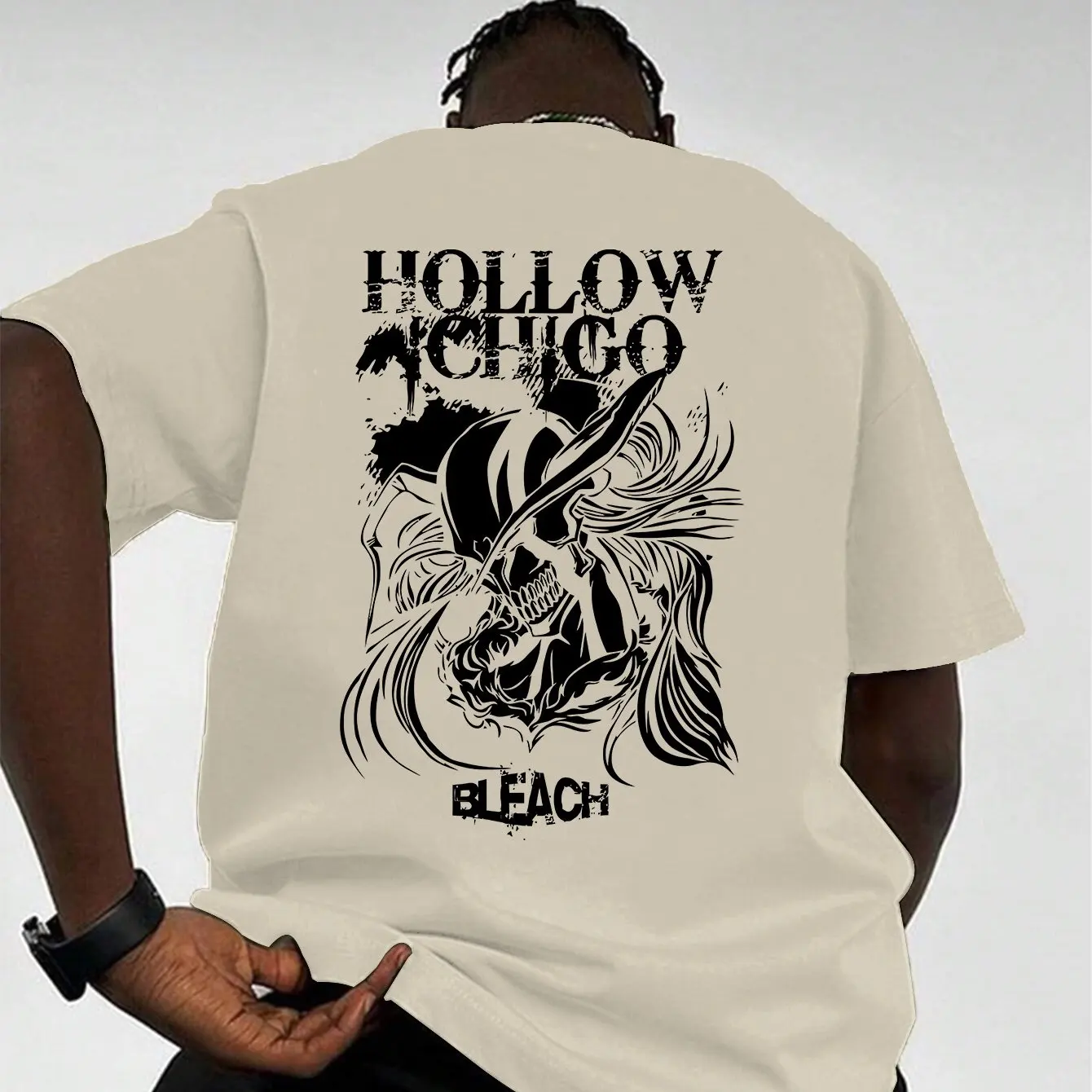 تي شيرت رجالي برسومات HOLLOW CHICAGO BLEACH" 100% قطن قابل للتنفس ومريح كاجوال بتصميم مستوحى من الرسوم المتحركة