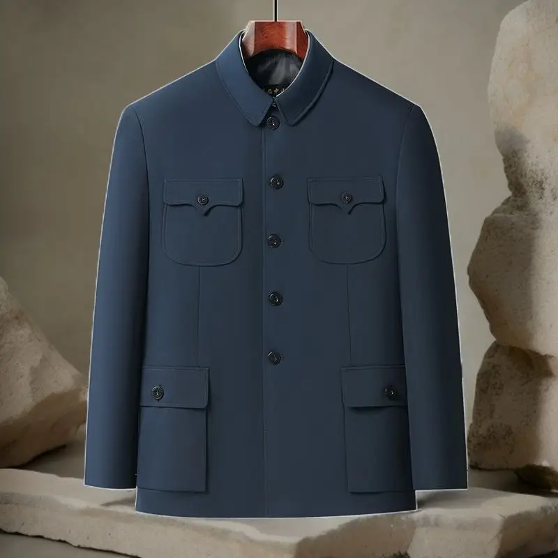 

Minimalist Men Mao Suit Revival Zhongshan Blazer Tunic Coat Hidden Inner Pocket Confucian Heritage Outerwear 4-Pocket Attire