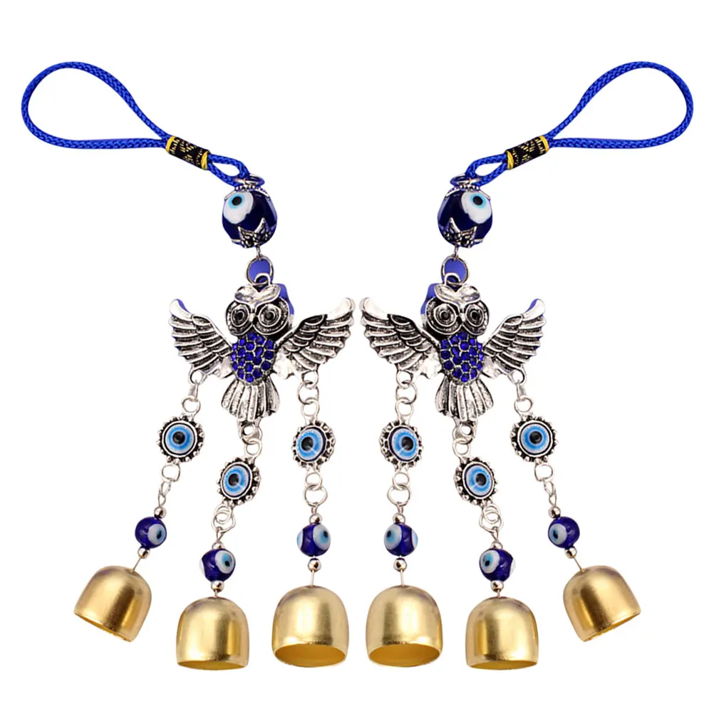 

2pcs Owl Car Pendant Blue Eyes Metal Wind Chimes Evil Eye Charm Hanging Ornament for Rear View Mirror Home Decor Car Accessories