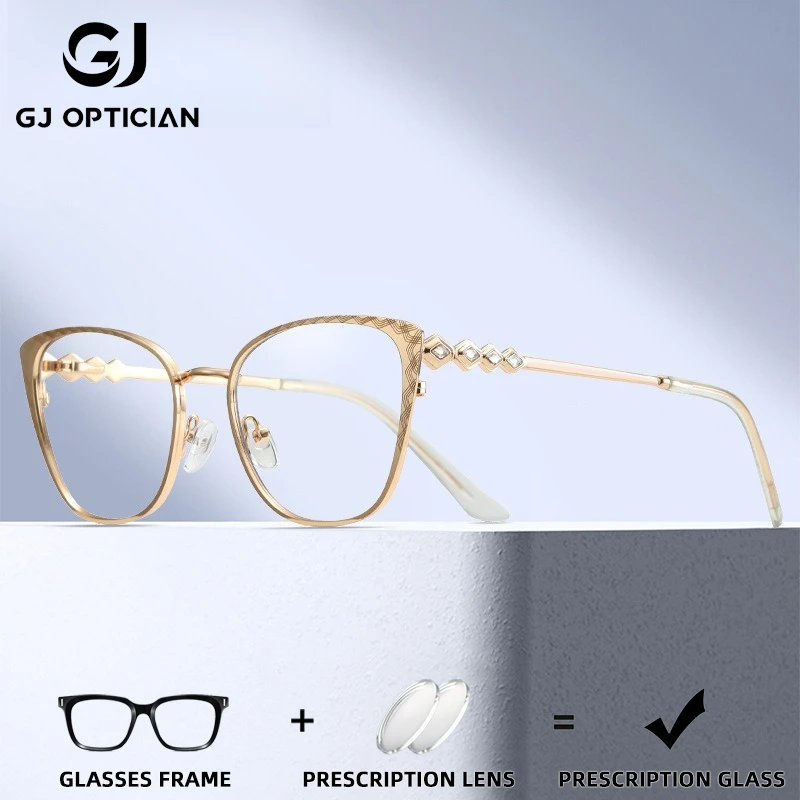 

GJ OPTICIAN Fashionable Metal Water Diamond Spring Foot Glasses New Craft Anti Blue Light Progressive Women Prescription Glasses