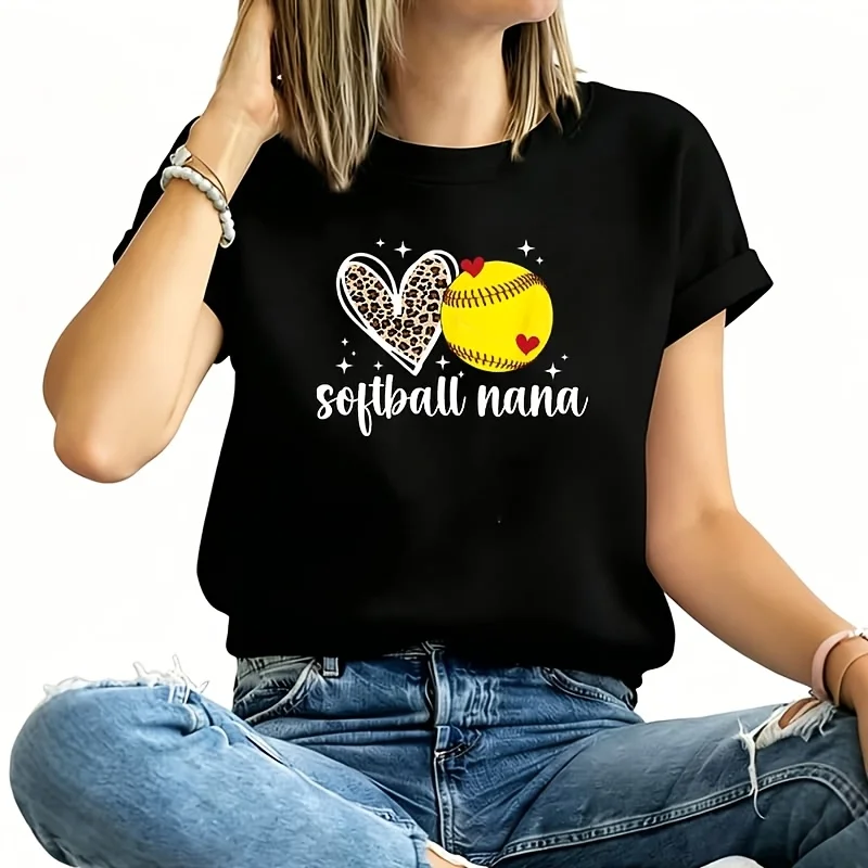 Softball Nana of a Softball Player Nana Leopard Women's Plus Size T-Shirt 100% Cotton 220g
