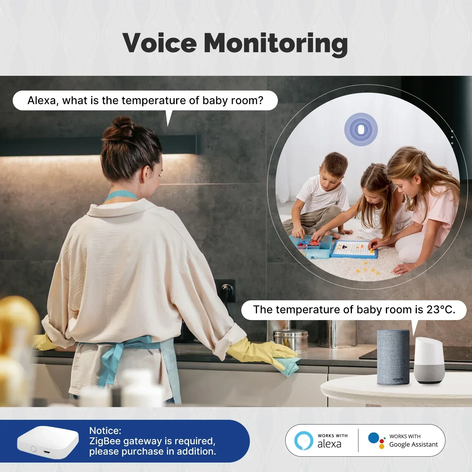 MOES-Tuya Zigbee Sensor de Temperatura e Umidade Inteligente, Higrômetro Interior, Monitoramento de Aplicativos, Funciona com Alexa, Google Home,