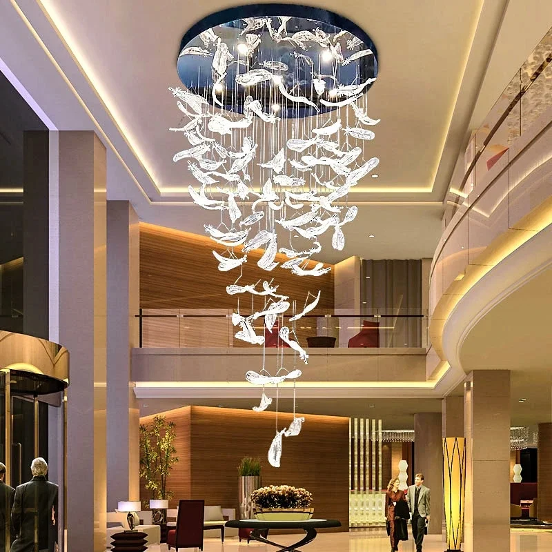 Amber Clear Crystal Feather Chandelier LED Ceiling Pendant Light for Staircase Beauty Salon Reception Room Lobby Stainless Steel