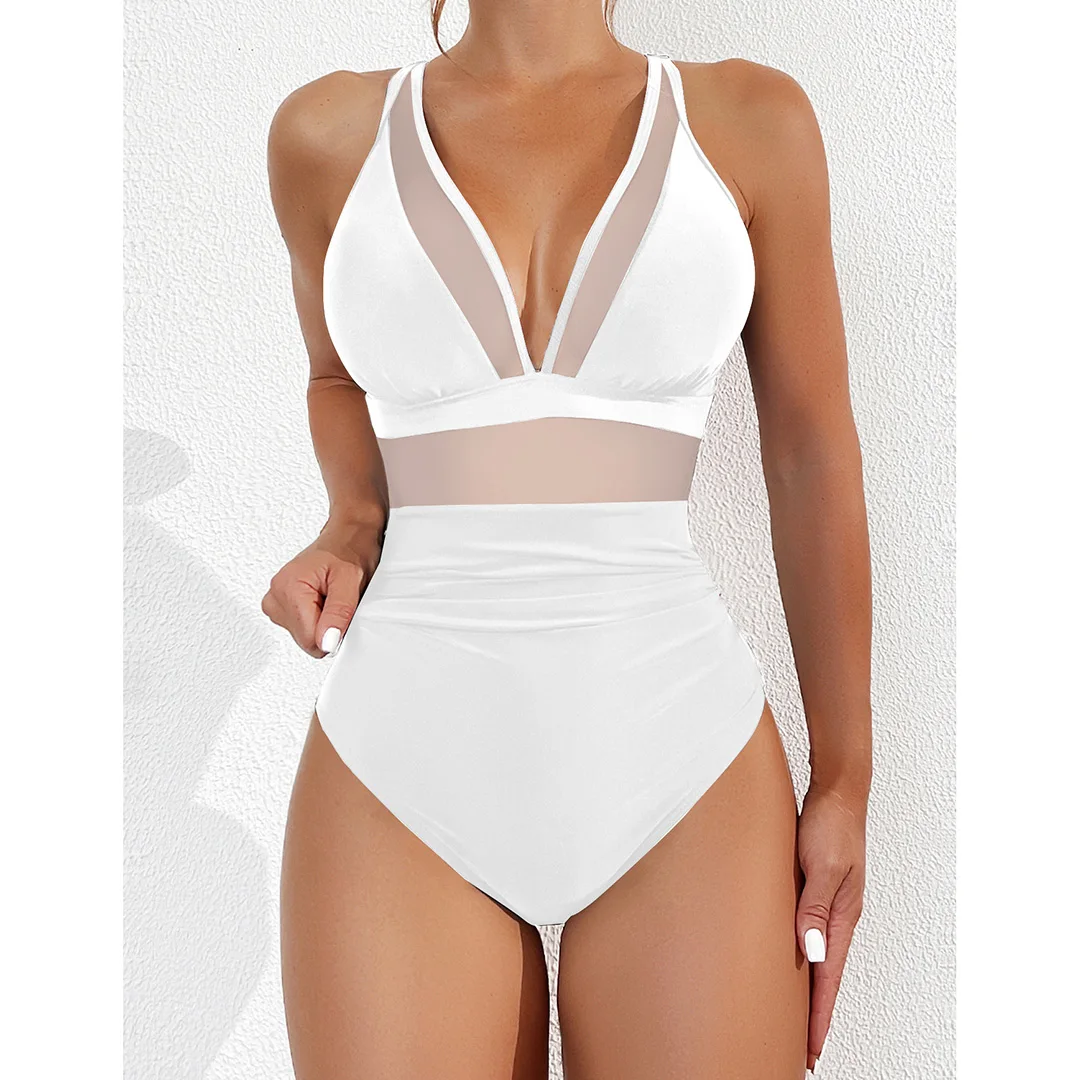 S - XL Neuer sexy, durchsichtiger Badeanzug mit V-Ausschnitt für Damen, einteiliger Badeanzug, Monokini mit hohem Beinausschnitt, Badebekleidung, Badeanzug, Modell V5136 – Detail 11