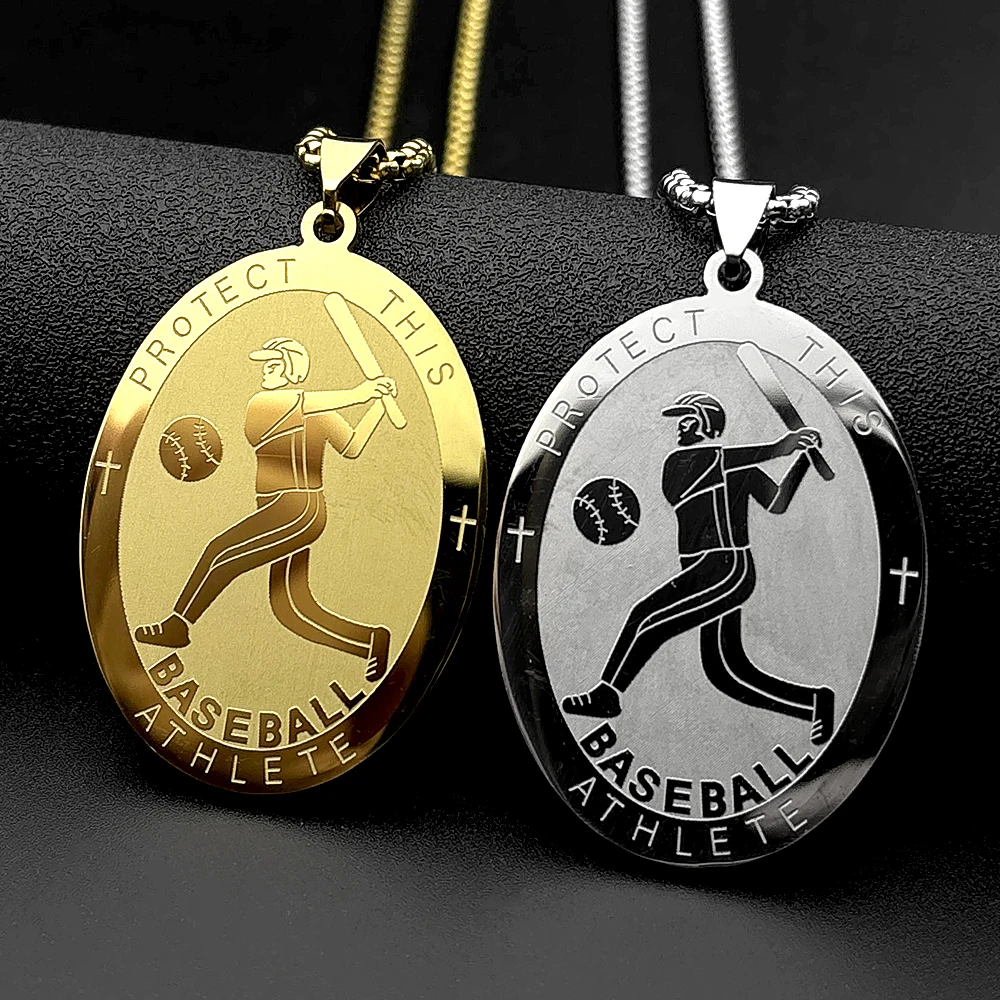 Christian SAINT SEBASTIAN PATRON SAINT OF ATHLETES Oval Medal Pendant Necklace Stainless Steel Chain Cross Baseball Jewelry Gift