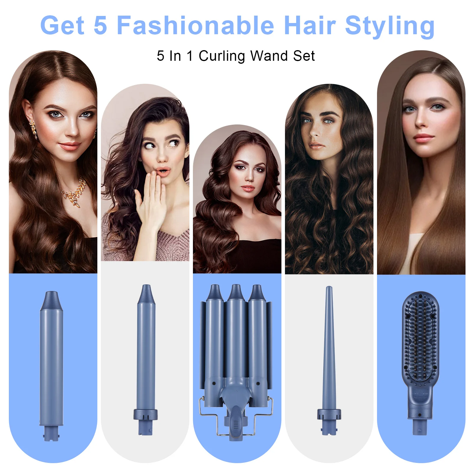 

Pretfy 5-IN-1 Hair Curler Set Hair Curling Iron Wand Hair Straightener Hair Waver Temperature Adjustable LCD Temp Display Hair