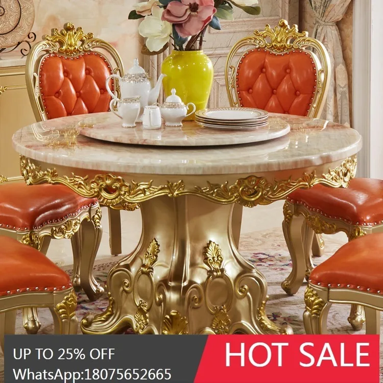 SGF European Style Marble Dining Table and Chair Set Luxury Carved Round Table with Turntable