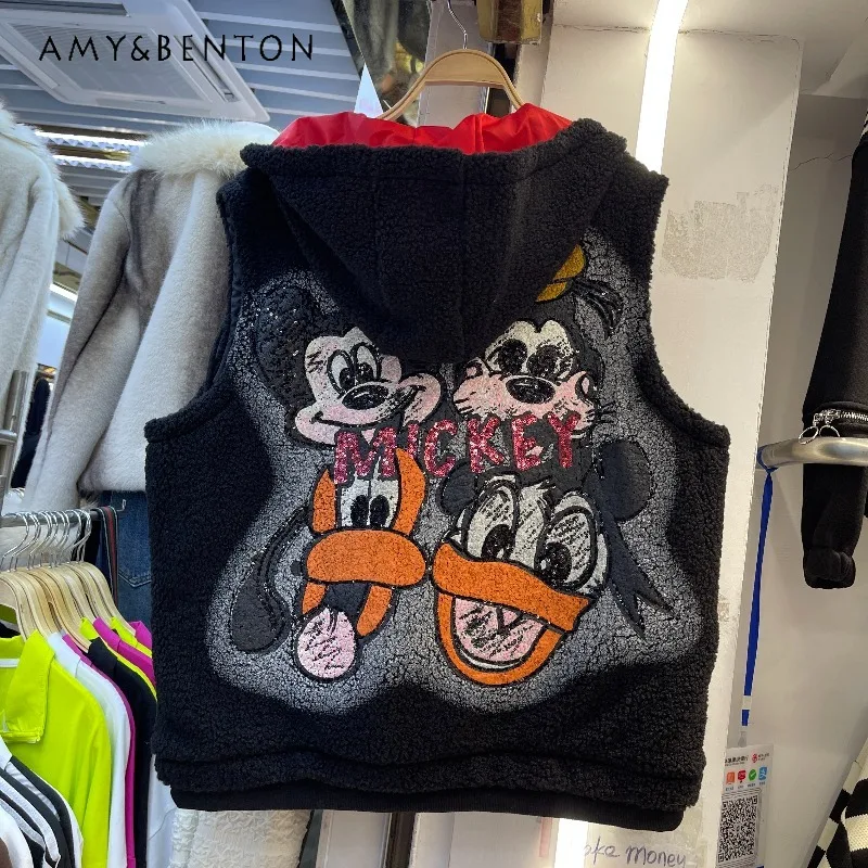 

Fashion Trend American Casual Retro Cartoon Hooded Vest Coat Y2k Loose Slimming Top Sleeveless Zipper Jacket Waistcoat Ladies