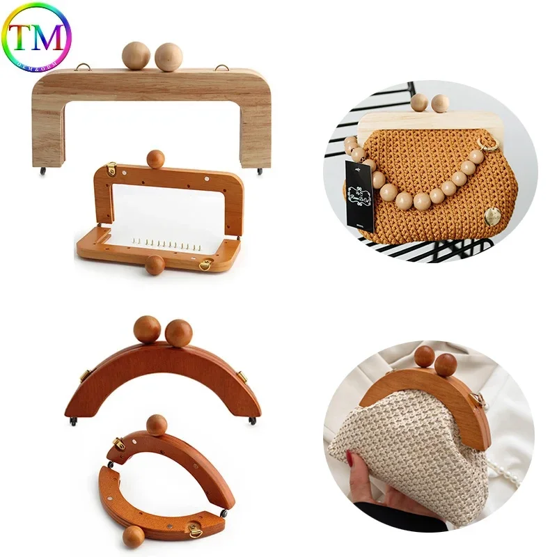 Marco de madera Natural de Camel con cuentas dobles para mujer, monedero de punto, costura empalmada, Asa artesanal, bolsas Retro, marco de Clip de