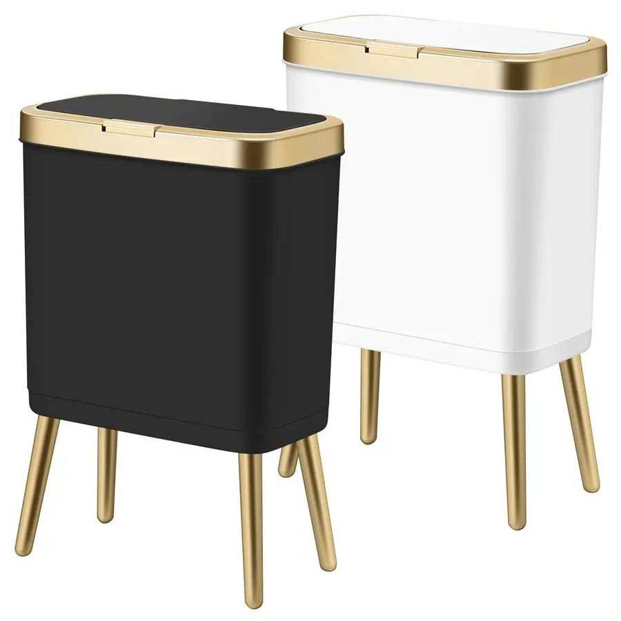 

2Pack Trash Can with Lid, Modern Bedroom Garbage Can with Gold Edge, Slim Kitchen Garbage Bin4 Gallon Trash Bin Plastic Waste ca