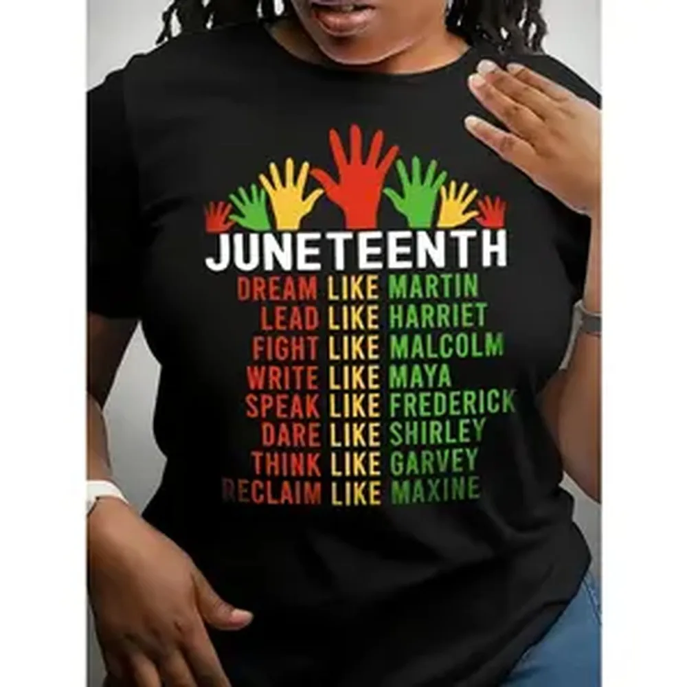 Women's & Men's Black Juneteenth T-Shirt - Short Sleeve Crew Neck with African History Icons (Martin, Malcolm, Maya, Garvey) - Casual Juneteenth Celebration Apparel, Regular Fit Unisex Tee