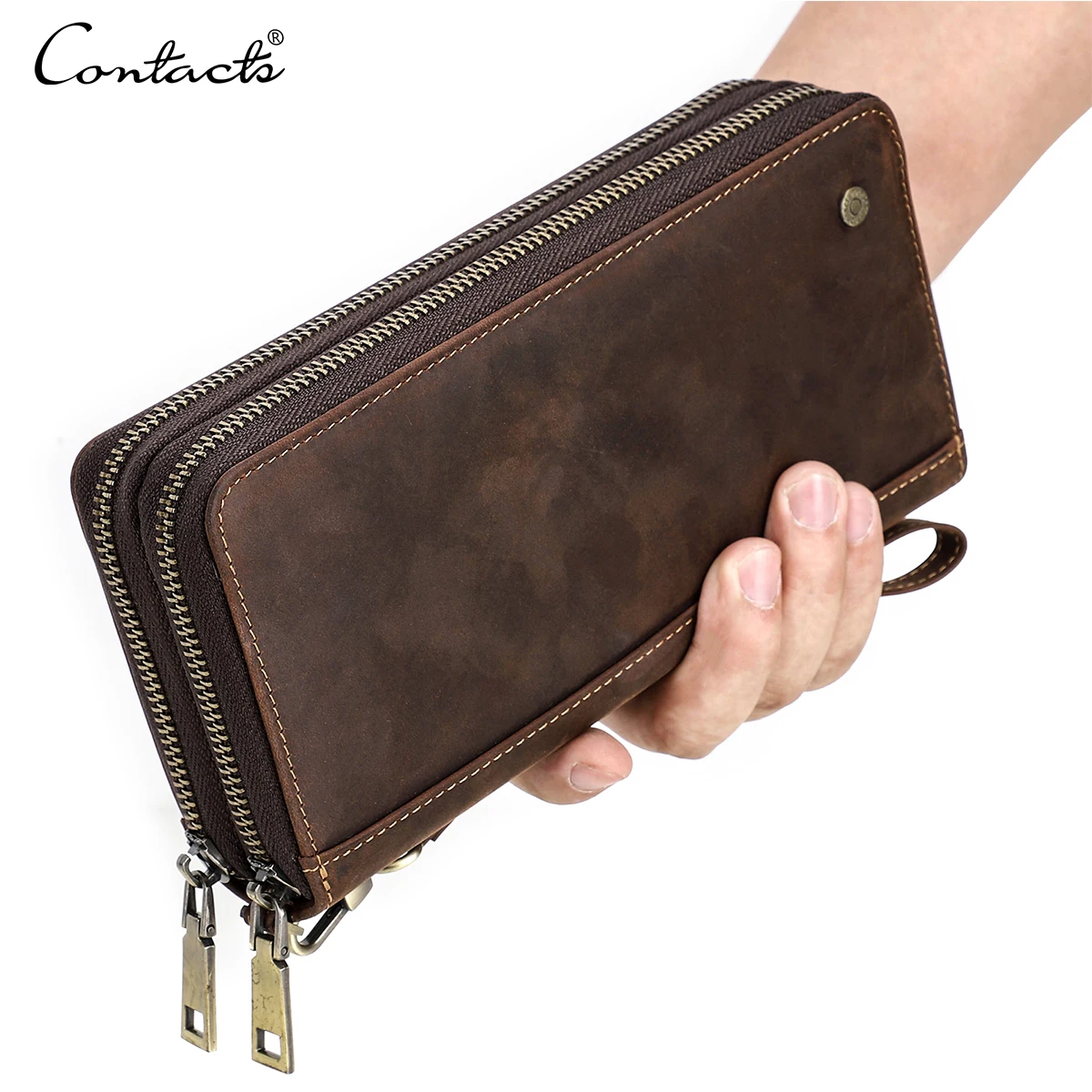 CONTACT'S Genuine Leather Clutch Bags for Men Vintage Business Senior Handbags Purses Card Holders Travel Office Gift Wallets