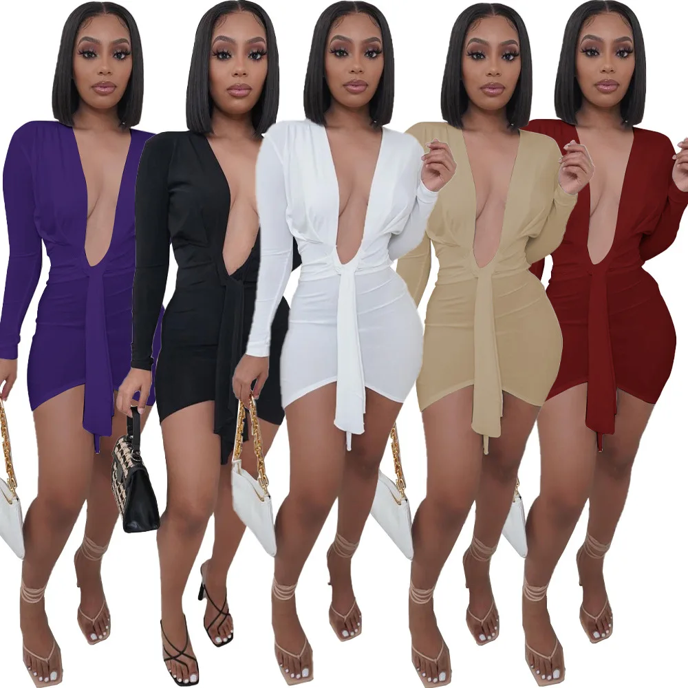 

Spring Shirt Dresses Women Casual Long Sleeve Puff Solid Color Dress Deep V Neck Sexy Tight Fitted Bodycon Dress