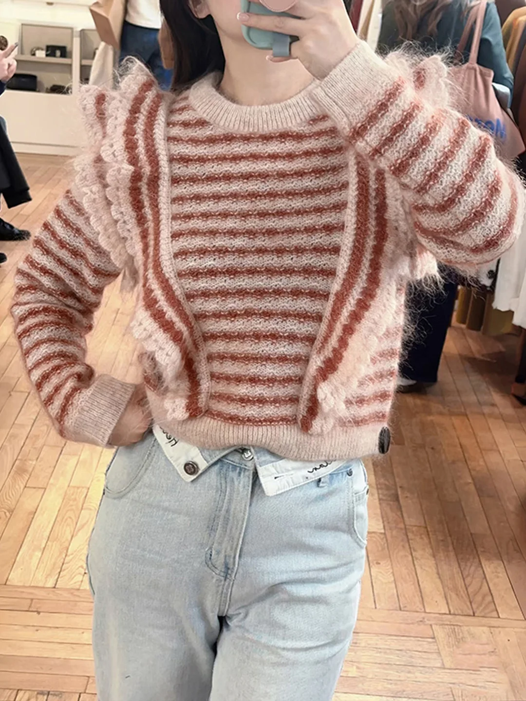 

round Ne Sweater Woolen Knitwear with Lace Trim Stripe Pattern And Mouton Hair for Autumn Winter Girls Faion