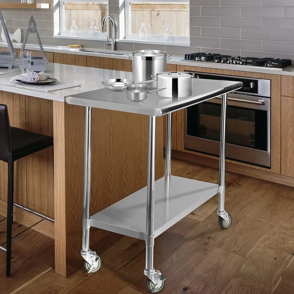 Commercial Grade Stainless Steel Work Table with Wheels Adjustable Undershelf Kitchen Garage Restaurant Laundry Use