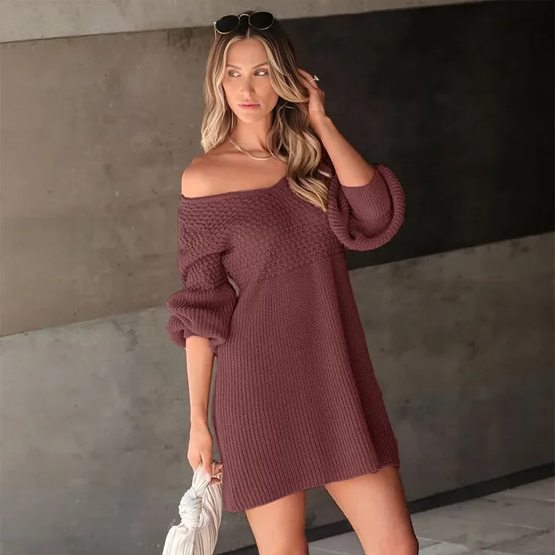

Autumn Winter Hot Sale Cross-Border Date Night Outfit Women's Fashin Casual V-Neck Bubble Sleeve Knitted Sweater Dress PureColor