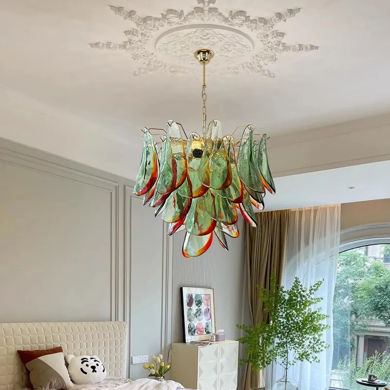 

Vintage Art Deco Glass Petal Green Red Led Pendant Light Ceiling Mounted Home Decor Dining Table Bar Lighting Fixture Chandelier