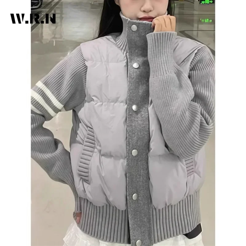 PB&ZA 2024 Winter Casual Basics Single Breasted Parkas Korean Patchwork Jacket For Women Knit Outerwear Fashion Warm Thick Coat