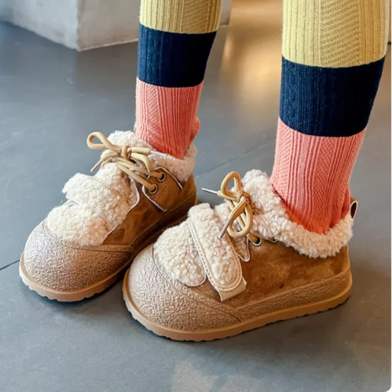 Children's Cotton Shoes 2024 Winter New Plush Soft Sole Boys Girls Lamb Plush Comfort Lace Up Children Outdoor Warm Sports Shoes