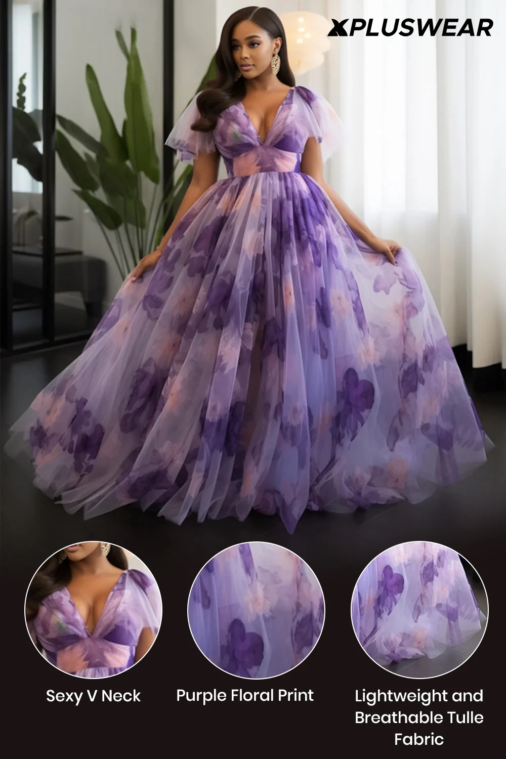 プラスサイズのウェディングゲスト用、パープルの花柄Vネック半袖チュールマキシドレス