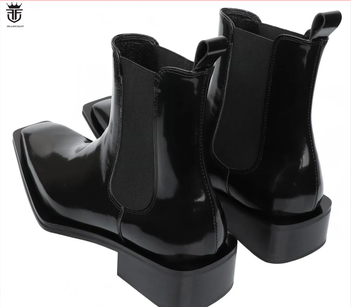 Fashion mens mujer botas Black real leather boots Slip On ankle booties male party shoes square toe men boots thick heel