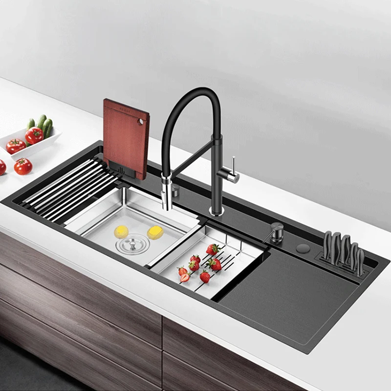 Black Kitchen Sink 4mm Thickness 220mm Depth Step Handmade Sinks