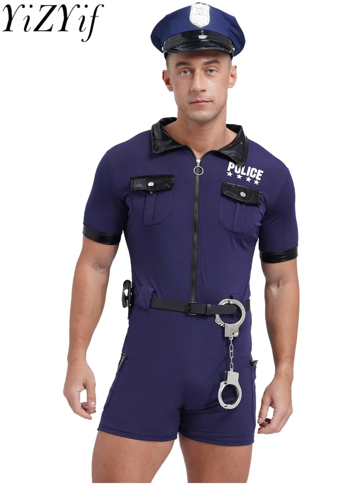 

Mens Policeman Costume Short Sleeve Zipper Front Jumpsuit Dirty Cop Role Play Outfits Bodysuits with Cop Hats Cuffs Belt Outfits