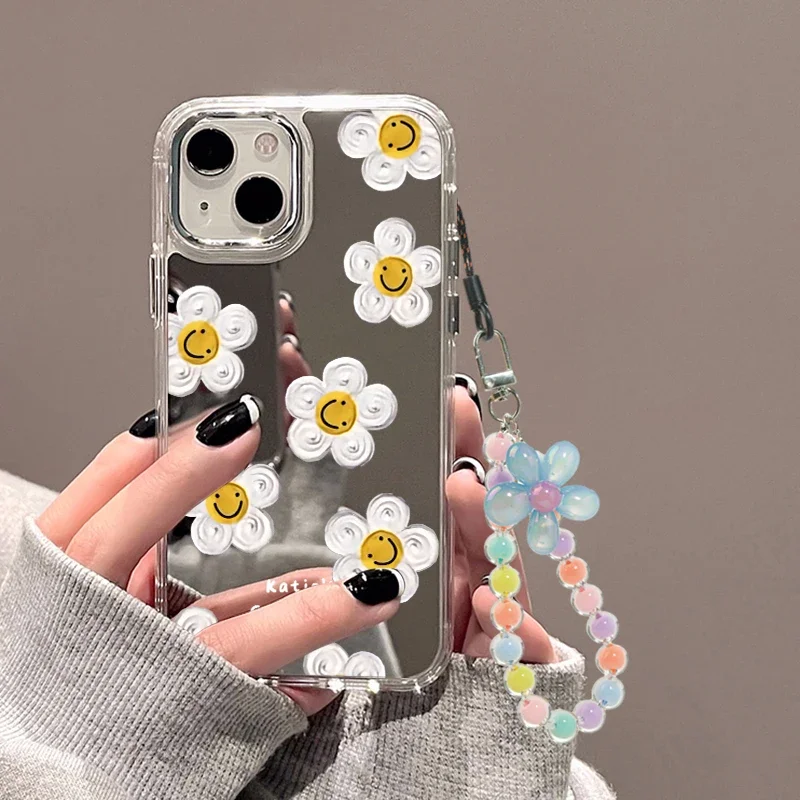 

Sunflower Daisy Wrist Chain Lanyard Make up Mirror Phone Case For iPhone 15 Pro Max 11 12 13 16 14 Pro Max XR XS Max Cases Cover