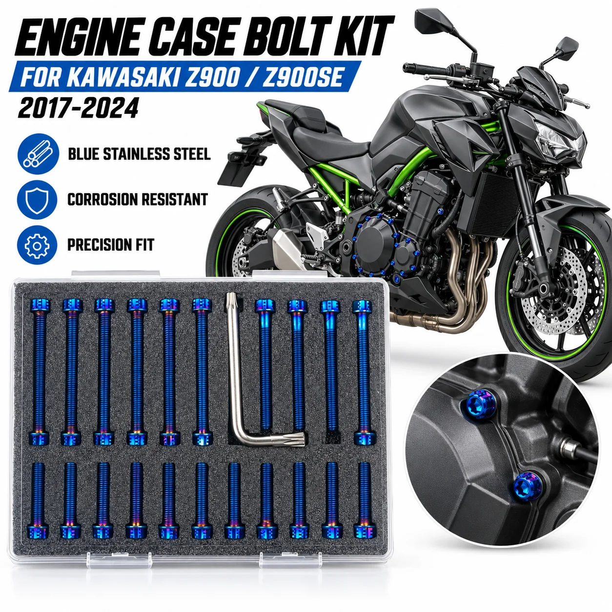 Engine Case Screws Bolt Set Blue Stainless Steel Engine Cover Bolts For Kawasaki Z900 Z900SE 2017-2024 Motorcycle Engine Fastene