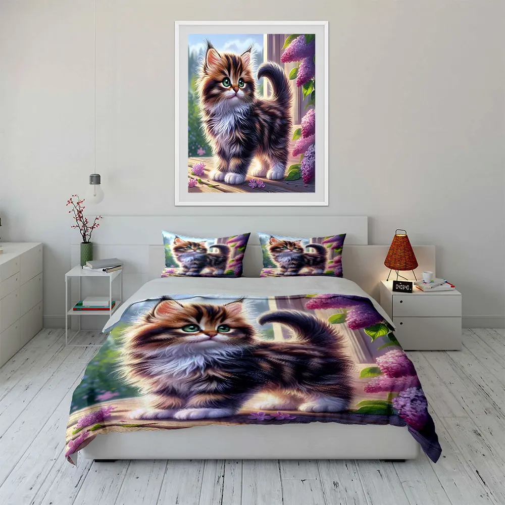 Cute Kitty with Lilacs Print Soft Comfortable Duvet Cover Bedding Set Included 1*Duvet Cover  2*Pillowcases Luxury Gifts