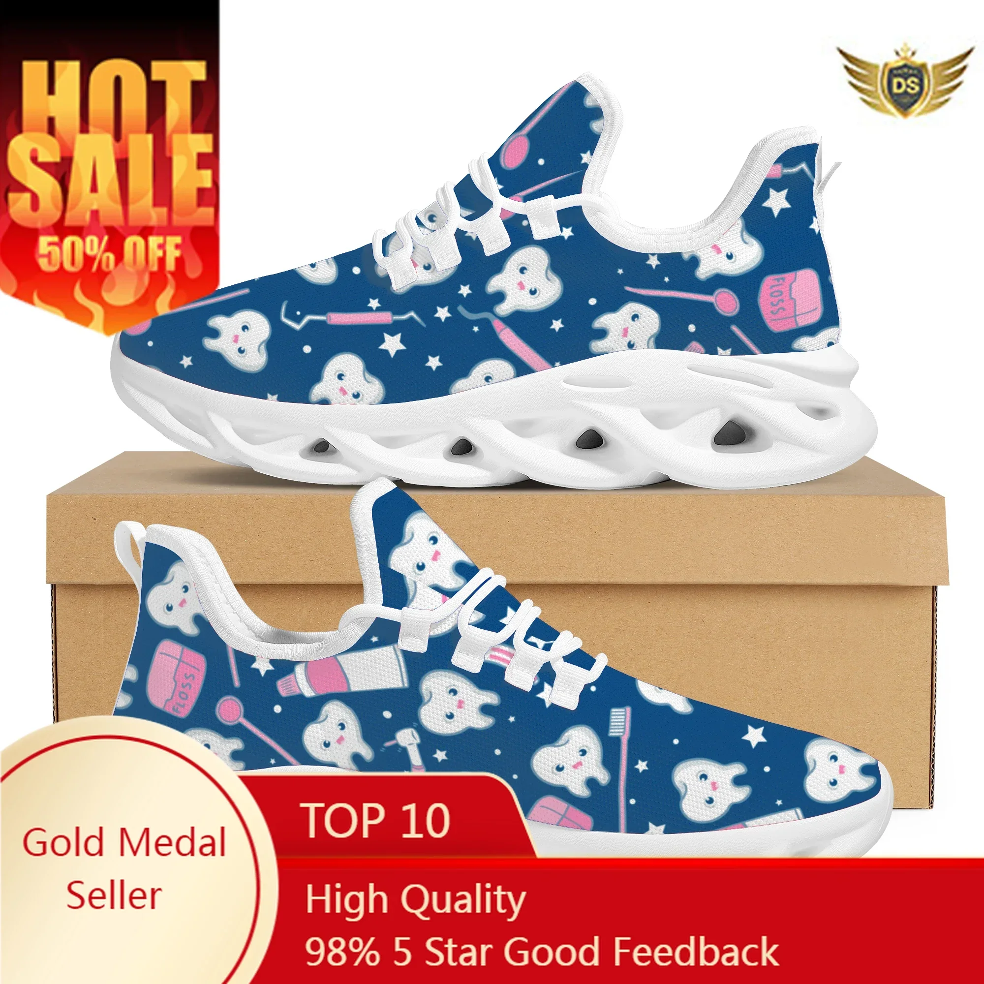 

Shock Absorbing Comfort Lace Up Sneakers Cute Teeth Dental Equipment Brand Design Casual Walking Shoes Wild Trendy Flats Shoes