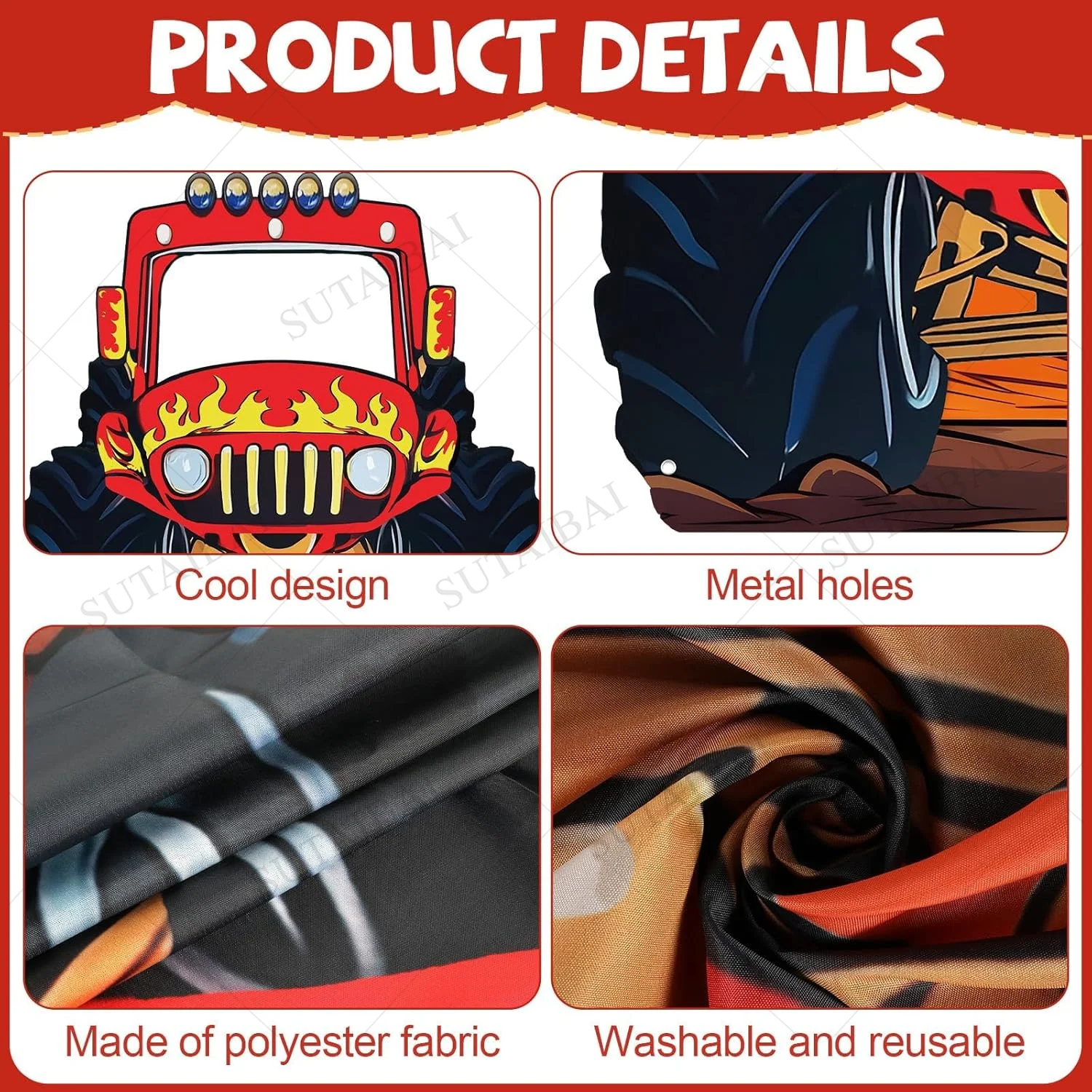 Monster Truck Photo Banner Booth Puntelli Grande mostro Foto Sfondo Decorazioni per feste Enorme mostri Truck Sfondo Banner Gioco divertente