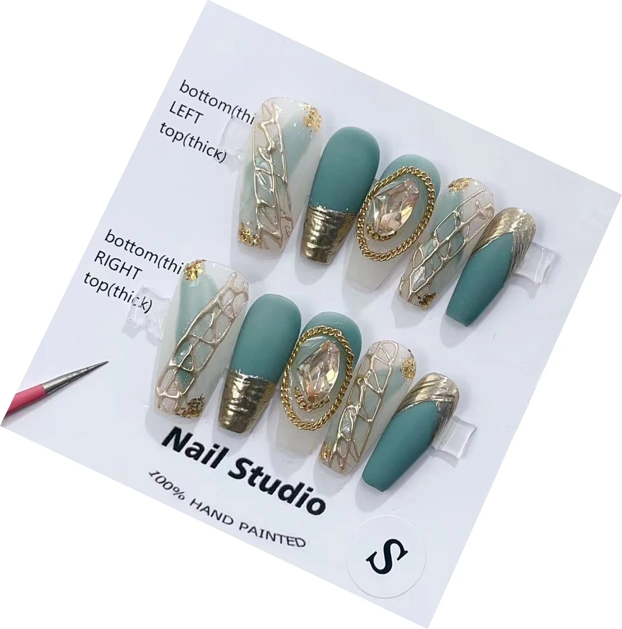 Green Gold and Frosted Yellow Little Axe Crystal Press On Nails Set with Rich and Cool Style In Emmabeauty Store.No.2478