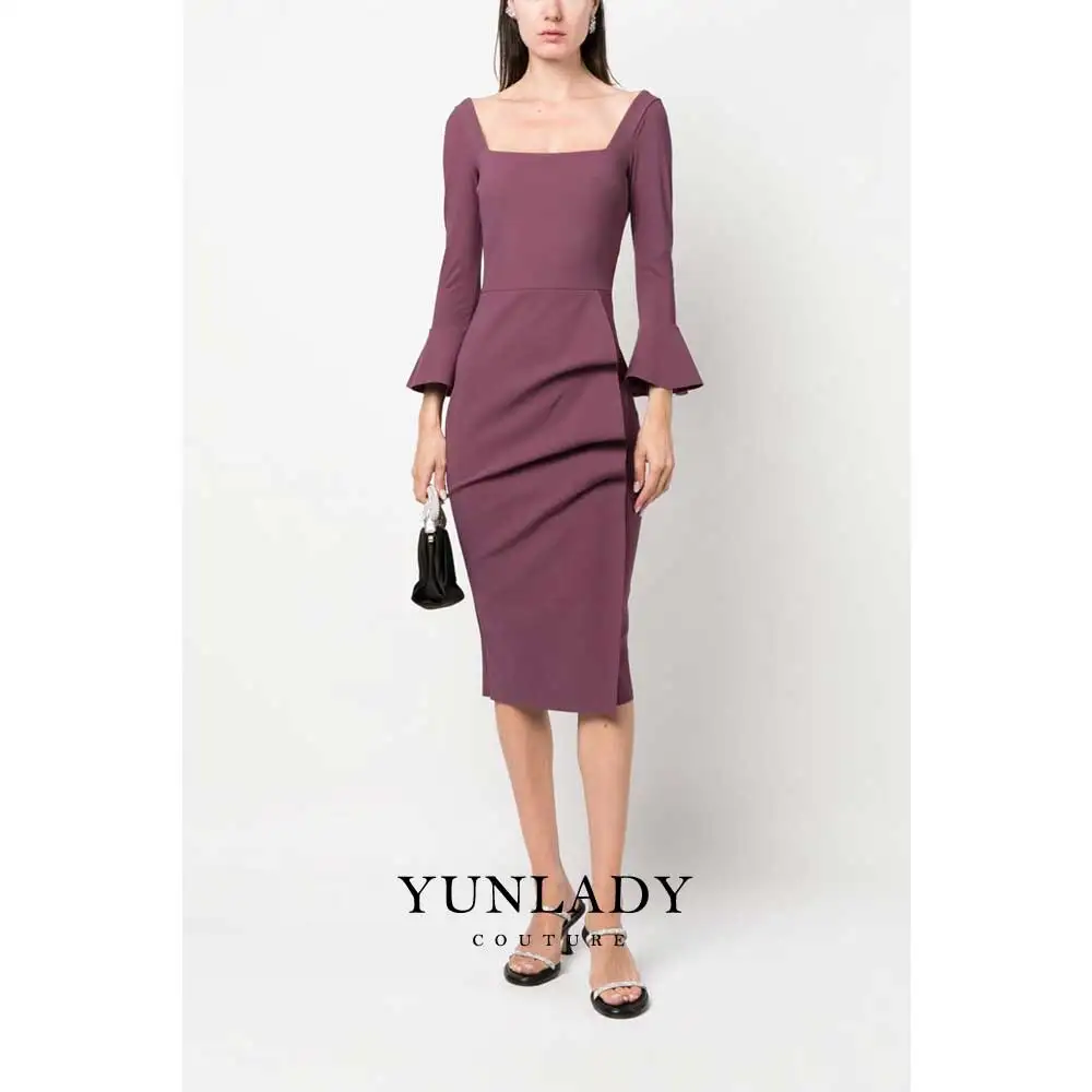 YUNLAN Elegant Mother of the Bride Plum Square Neck 3/4 Sleeve Draped Midi Dress 2024 Saudi Arabian Wedding Guest Party Dress