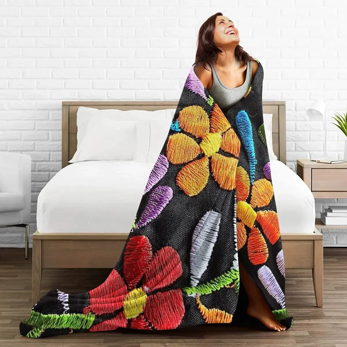 Flannel Throw Blanket Mexican Flowers Blankets Soft Bedding Warm Plush Blanket for Bed Living room Picnic Travel Home Sofa