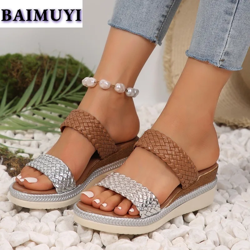 Weave Wedges Women Slippers High Heels Shoes Summer New Sandals Woman 2025 Brand Trend Flip Flops Casual Slingback Slides Shoes