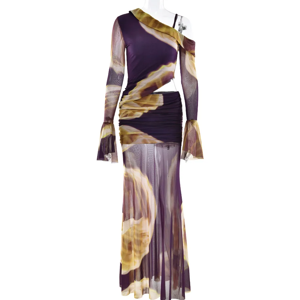 Impressão conjunto de duas peças feminino um ombro manga longa camiseta e saia maxi conjuntos de correspondência feminino elegante vestido de impressão conjunto