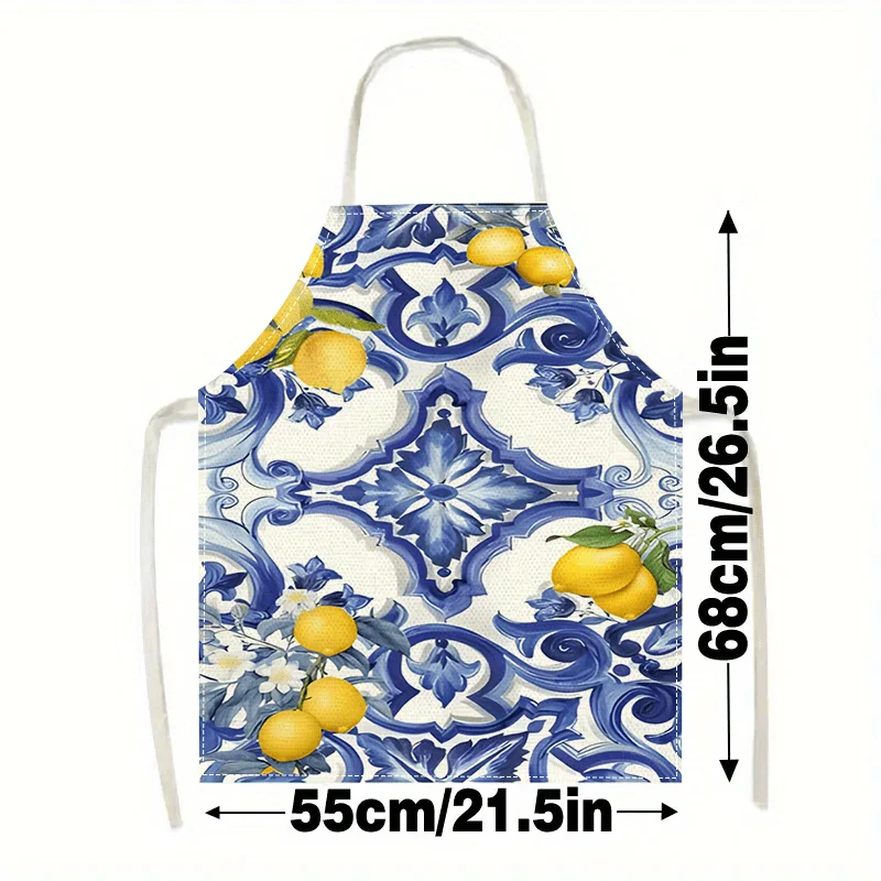 Blue and White Lemon Tile Pattern Linen Apron, Gift for Women