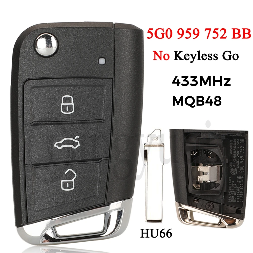 

jingyuqin 5G0 959 752 BB For VW Seat Golf7 MK7 Touran Polo Tiguan 433Mhz MQB48 Flip Remote Key No keyless go HU66 Blade 3Button