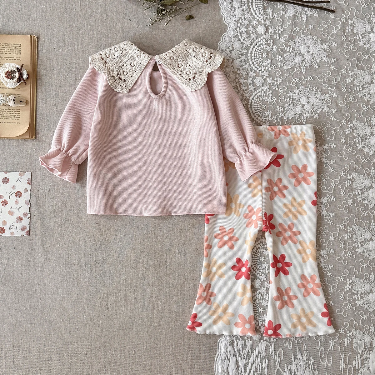 Baby Girl Floral Lace Collar Outfit Pink Ruffle Top + Flower Flare Pants 2Pcs Toddler Sweet Autumn Clothes