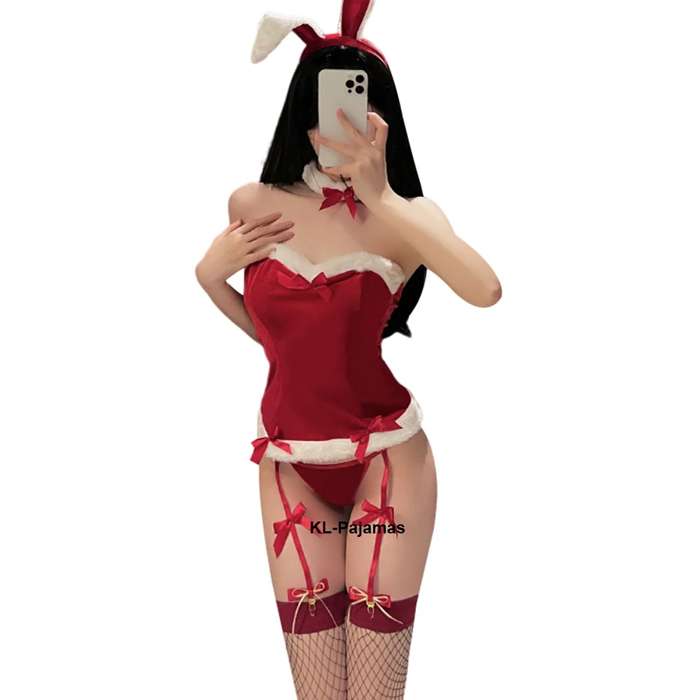 Sexy Velvet Christmas Suit Xmas Underwear Set Bunny Role Play Set Cute Kawaii Bunny Girl Uniform Maid Lingerie Cosplay Costumes