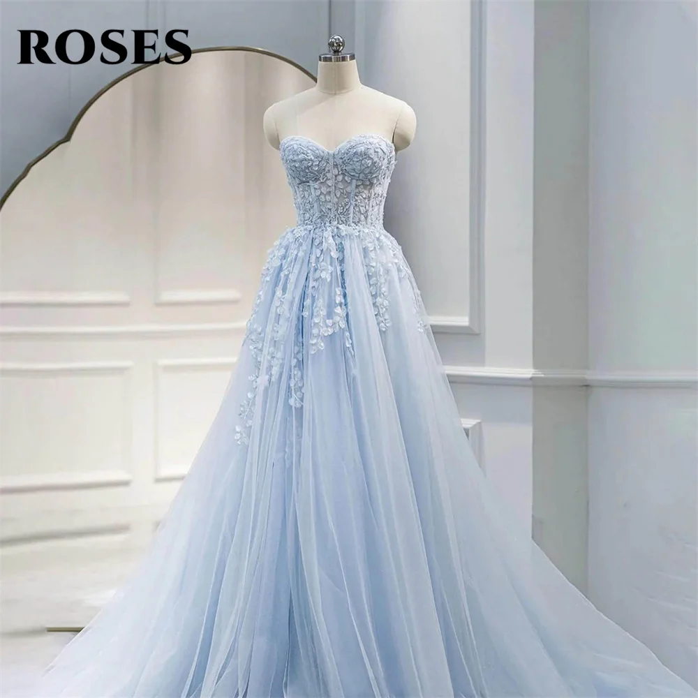 ROSES Light Blue Prom Dress Appliques Net Party Dresses Sweetheart Celebrity Gown Sleeveless Wedding Party Dress вечерние платья