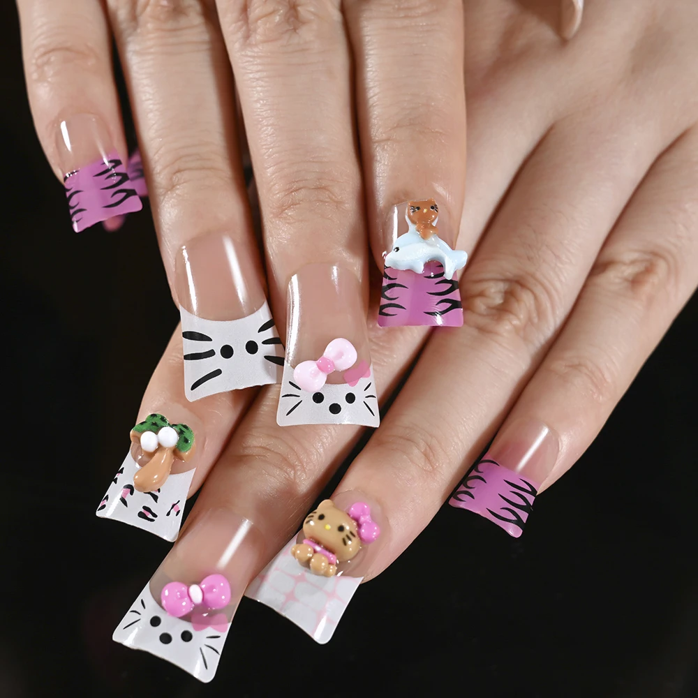 24/12pcs ปากเป็ดเล็บปลอมสีชมพู Nude Sanrio น่ารัก Hello Kitty เคล็ดลับฝรั่งเศสกดบนเล็บปลอม 3D Rhinestone Duckbill เล็บ